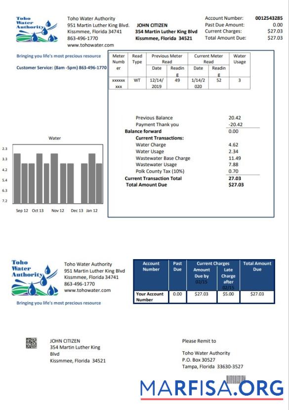Realistic USA Florida Toho Water Authority utility bill template in Word and PDF format